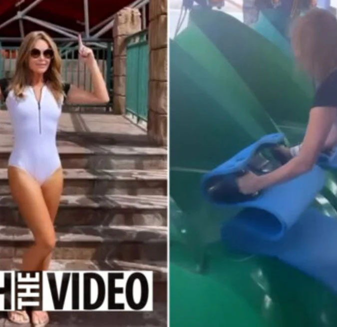 Amanda Holden looks stunning in a white wetsuit in Dubai as she braves an enormous water slide