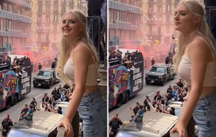 Braless Model Eva Elfie Jumps from Balcony to Catch Barcelona Stars' Attention During Title Parade''