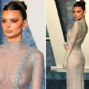 Emily Ratajkowski looks incredible  at Vanity Fair Oscars party in sheer silver dress
