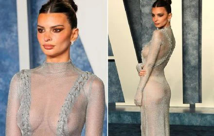 Emily Ratajkowski looks incredible  at Vanity Fair Oscars party in sheer silver dress