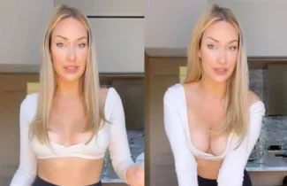 Paige Spiranac's top hangs on for dear life as she tells fans 'keep gripping it'