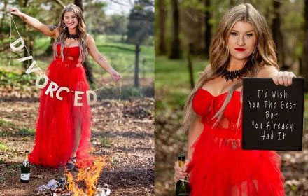 Woman becomes internet sensation after setting wedding dress ablaze in divorce photoshoot